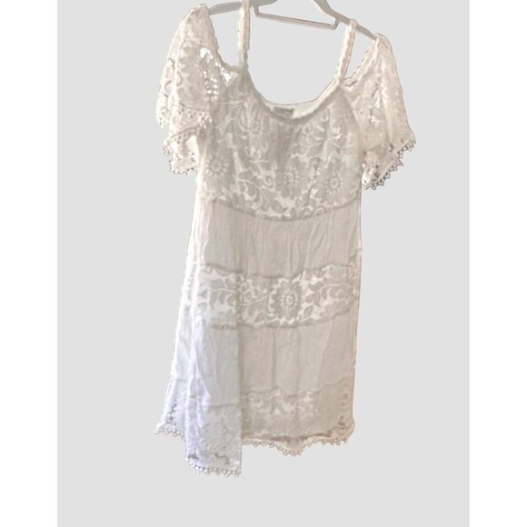 Signature Size L Robbie Bee White Lace Off-Shoulder Dress Pom Trim Sleeves - Picture 9 of 9